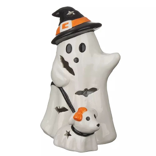 Ceramic ghost figurine with a witch hat, holding a ghost dog figurine on a leash. Perfect for Halloween decor.