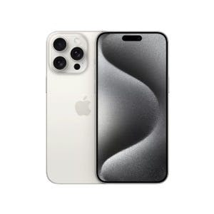 White iPhone 15 Pro Max displayed with a triple-lens camera system on the back and a dark wallpaper on the screen.
