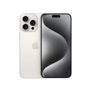 White iPhone 15 Pro Max displayed with a triple-lens camera system on the back and a dark wallpaper on the screen.