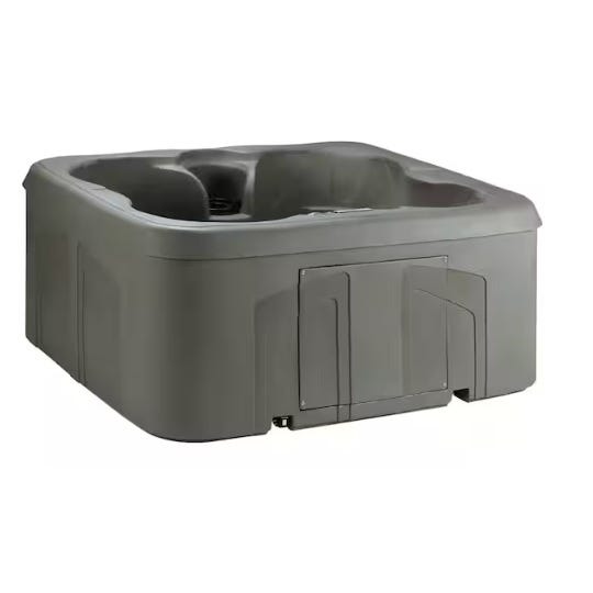 Gray square hot tub with contoured seating for multiple people, designed for outdoor use.