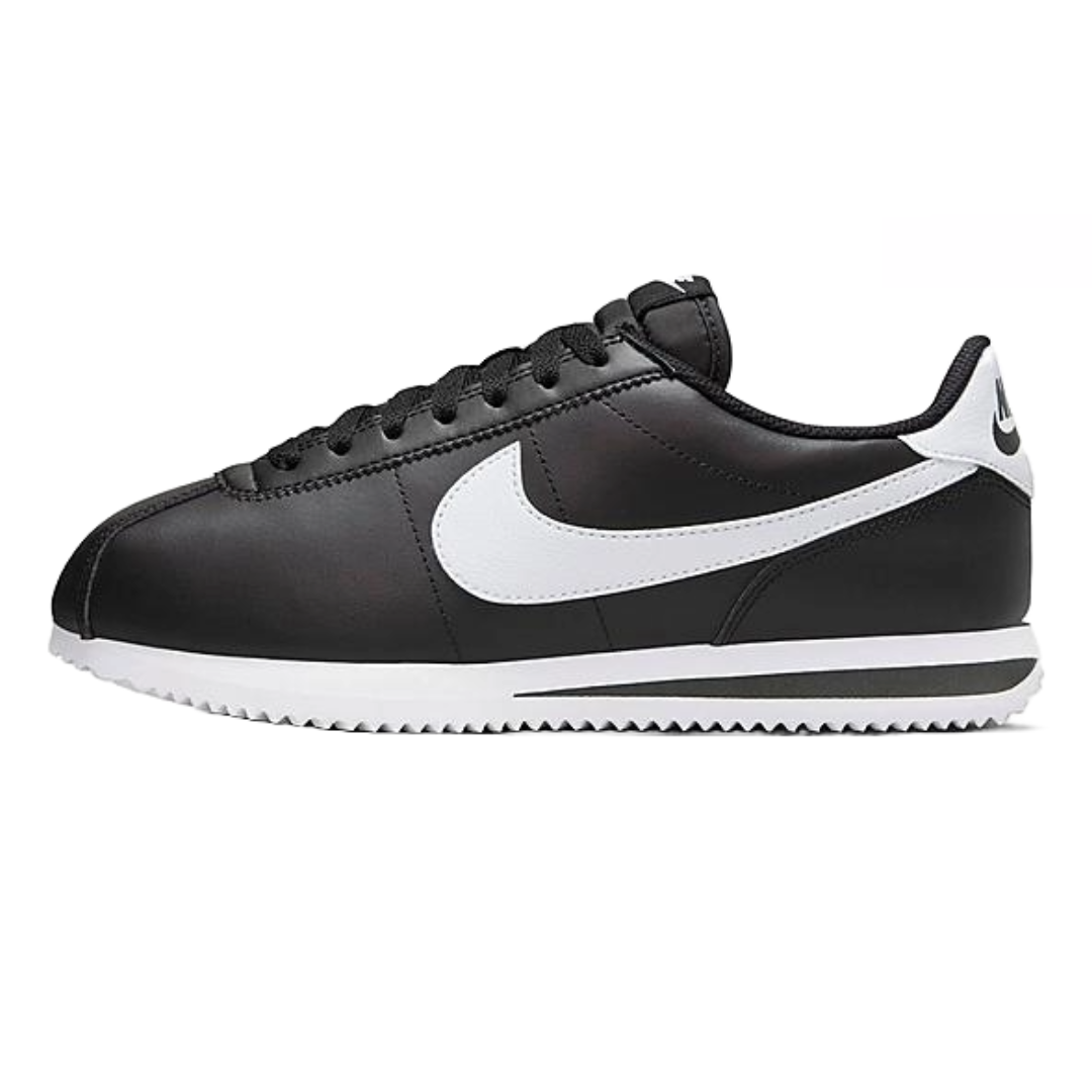 Nike Women's Cortez Shoes feature a sleek black leather upper, white Nike Swoosh, and a white outsole with a herringbone pattern for traction.