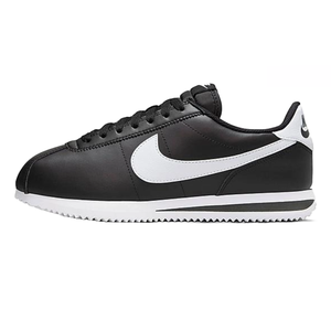 Nike Women's Cortez Shoes feature a sleek black leather upper, white Nike Swoosh, and a white outsole with a herringbone pattern for traction.