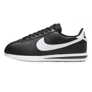 Nike Women's Cortez Shoes feature a sleek black leather upper, white Nike Swoosh, and a white outsole with a herringbone pattern for traction.