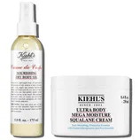 Kiehl's Creme de Corps Nourishing Dry Body Oil (5.9 fl. oz) and Ultra Body Mega Moisture Squalane Cream (8.4 fl. oz) offer moisturizing skincare solutions.