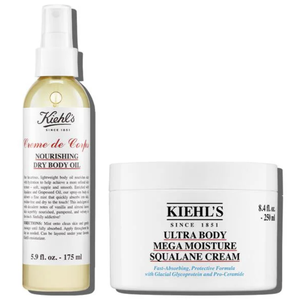 Kiehl's Creme de Corps Nourishing Dry Body Oil (5.9 fl. oz) and Ultra Body Mega Moisture Squalane Cream (8.4 fl. oz) offer moisturizing skincare solutions.