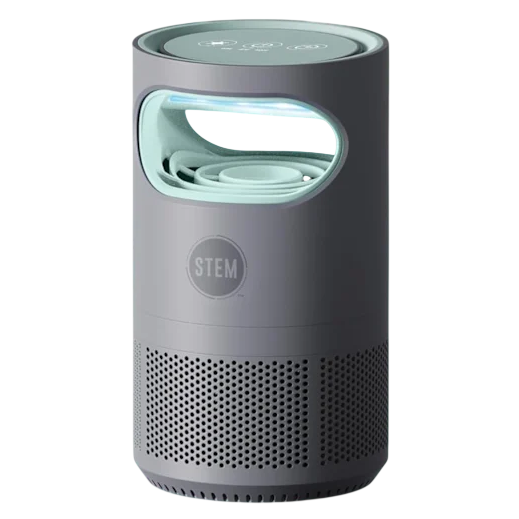 A cylindrical indoor insect trap with a sleek design and perforated lower section, featuring the STEM logo.