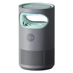 A cylindrical indoor insect trap with a sleek design and perforated lower section, featuring the STEM logo.