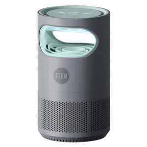 A cylindrical indoor insect trap with a sleek design and perforated lower section, featuring the STEM logo.