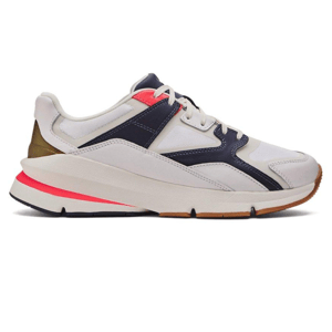 The Under Armour Forge 96 Running Shoes feature a sleek design with white mesh uppers, navy and pink accents, and a cushioned sole. The gum outsole provides traction, making them suitable for various activities.