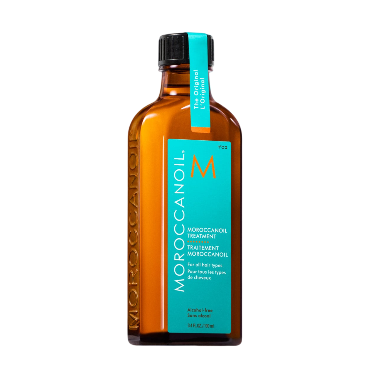 A bottle of Moroccanoil Treatment for all hair types, featuring a signature turquoise label, 3.4 fl oz/100 ml size, and alcohol-free formula.