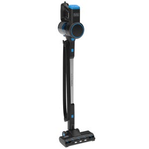A Black & Decker corded stick vacuum with a sleek black and blue design, featuring a long cord wrapped around the handle, a compact motor unit, and a flat cleaning head for versatile floor cleaning.