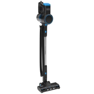 A Black & Decker corded stick vacuum with a sleek black and blue design, featuring a long cord wrapped around the handle, a compact motor unit, and a flat cleaning head for versatile floor cleaning.