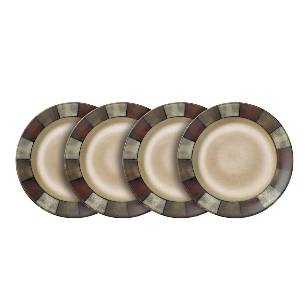 Four beige plates with a checkered brown and gray rim design.
