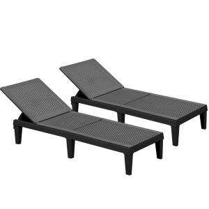 Two black adjustable outdoor lounge chairs with perforated surfaces, ideal for a modern patio or poolside setting.