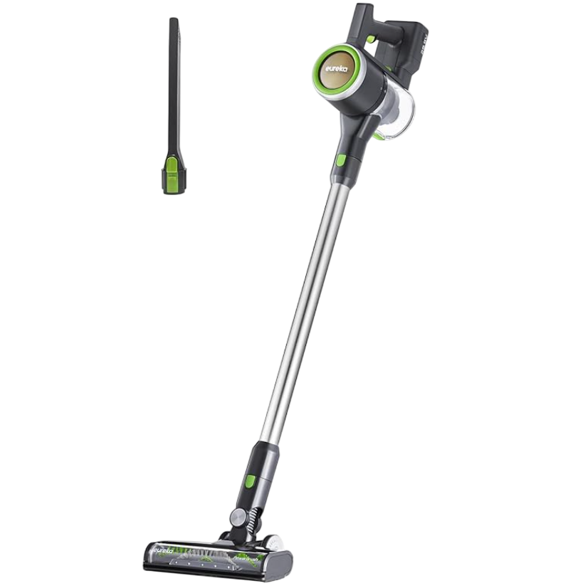 A cordless stick vacuum cleaner with a sleek design includes a detachable handheld unit and comes with a crevice tool attachment for versatile cleaning.