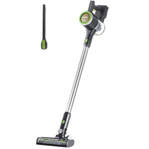 A cordless stick vacuum cleaner with a sleek design includes a detachable handheld unit and comes with a crevice tool attachment for versatile cleaning.