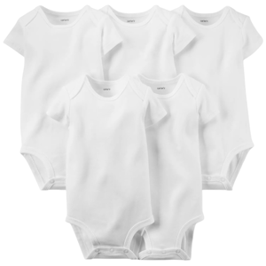 Five plain white short-sleeve baby bodysuits, each with snaps at the bottom for easy dressing, labeled with \“carter's\“ on the inside neckline.