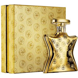 A gold-toned perfume bottle and matching box both feature the \“Bond No. 9\“ NYC circular logo pattern.