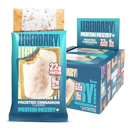 Legendary Foods Protein Pastry, Frosted Cinnamon flavor, 8-pack box, with each pastry containing 22g protein and 6g net carbs.