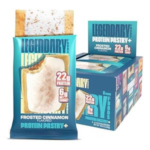 Legendary Foods Protein Pastry, Frosted Cinnamon flavor, 8-pack box, with each pastry containing 22g protein and 6g net carbs.