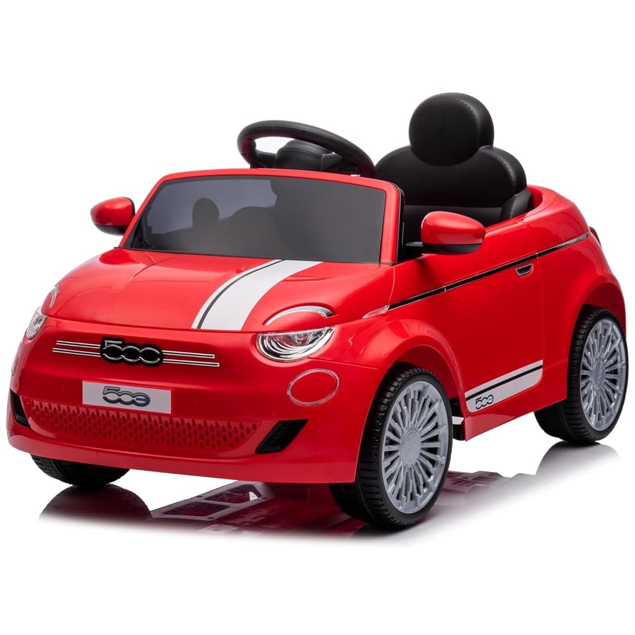 Red electric toy car resembling a Fiat 500, with a white racing stripe, black interior, and realistic details like side mirrors and alloy-style wheels.