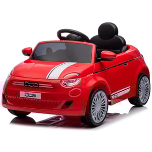 Red electric toy car resembling a Fiat 500, with a white racing stripe, black interior, and realistic details like side mirrors and alloy-style wheels.