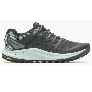 Merrell trail running shoe featuring a black and grey color scheme, mesh upper for breathability, and Vibram sole for traction.