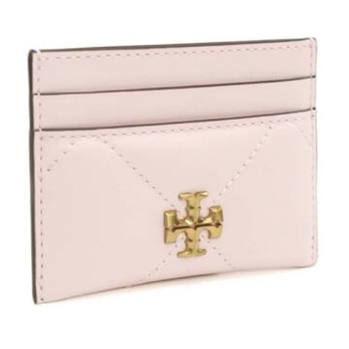 A light pink cardholder with a gold logo emblem, featuring two card slots and a central pocket.