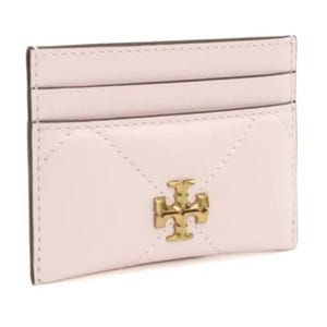 A light pink cardholder with a gold logo emblem, featuring two card slots and a central pocket.