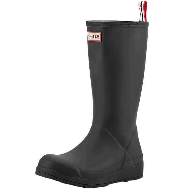 A black Hunter rain boot with a high shaft, featuring a pull tab and a logo on the front.