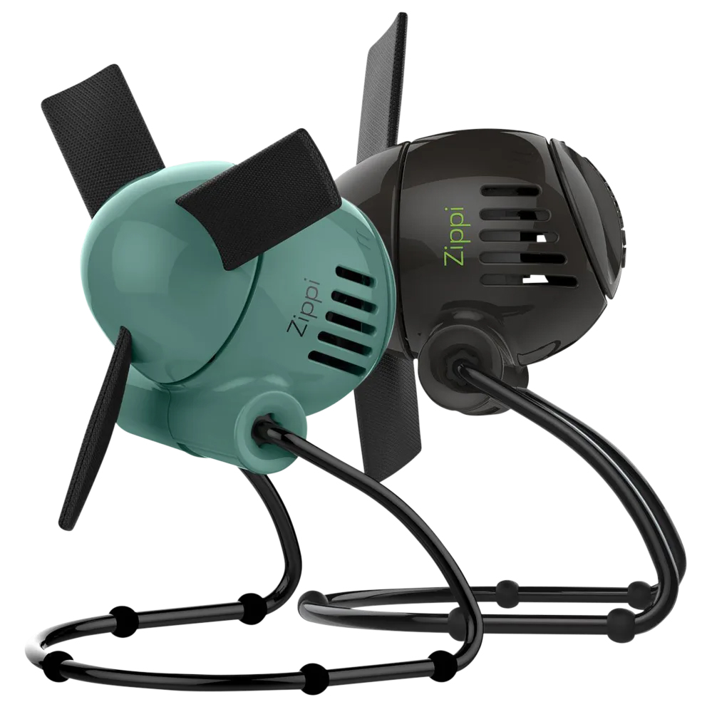 Two Vornado Zippi Personal Fans with soft cloth blades, one in teal and the other in black, feature compact designs with flexible legs for adjustable positioning.