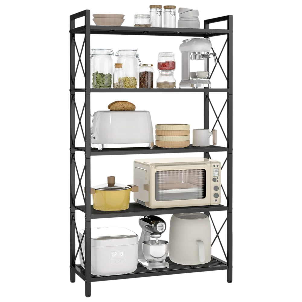 A black metal shelf holds various kitchen items: jars with food, a mixer, toaster, bowls, cups, a yellow pot, microwave, rice cooker, and an air fryer.