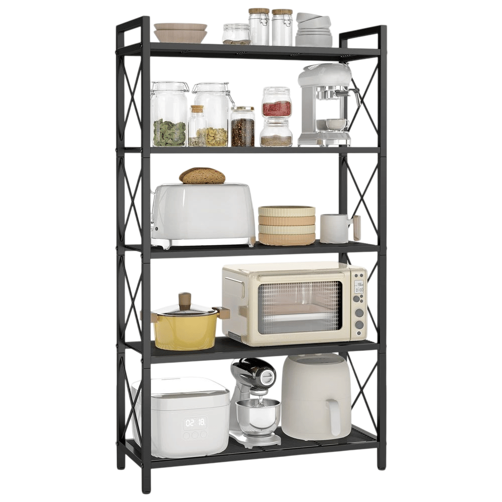 A black metal shelf holds various kitchen items: jars with food, a mixer, toaster, bowls, cups, a yellow pot, microwave, rice cooker, and an air fryer.