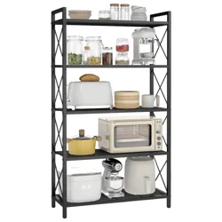 A black metal shelf holds various kitchen items: jars with food, a mixer, toaster, bowls, cups, a yellow pot, microwave, rice cooker, and an air fryer.