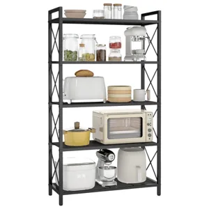 A black metal shelf holds various kitchen items: jars with food, a mixer, toaster, bowls, cups, a yellow pot, microwave, rice cooker, and an air fryer.