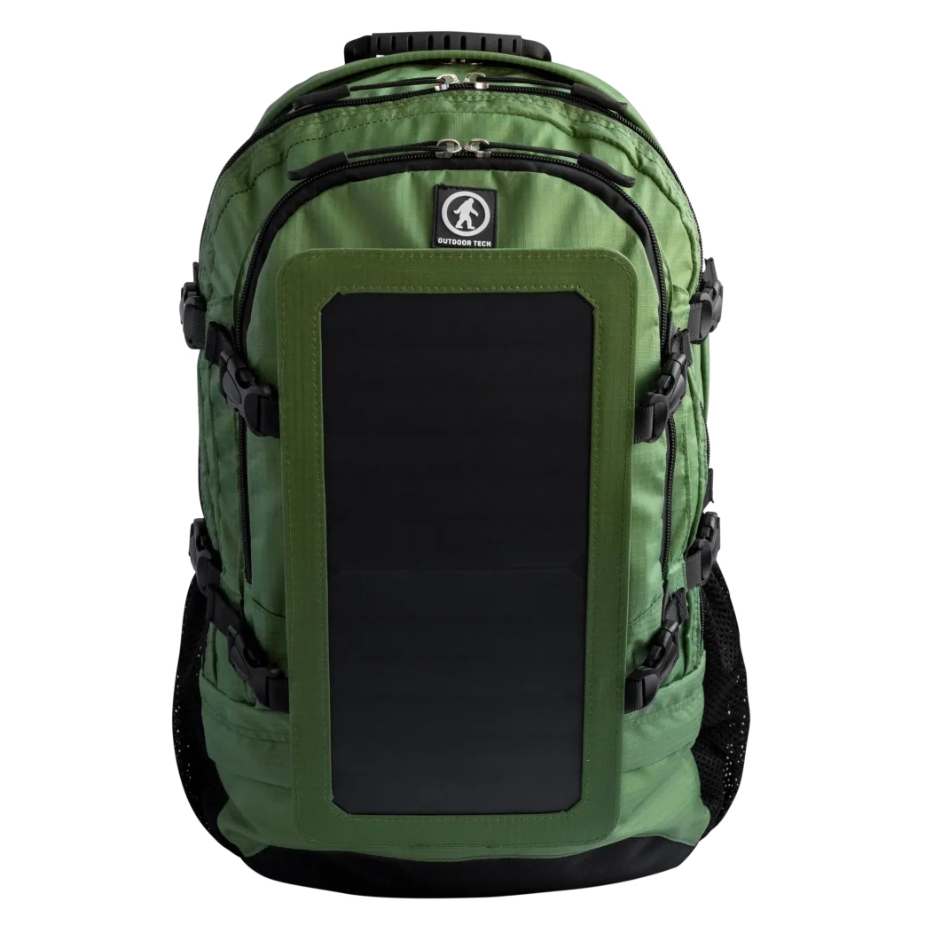 A green backpack equipped with a solar panel on the front, featuring multiple compartments and adjustable side straps suitable for outdoor use.