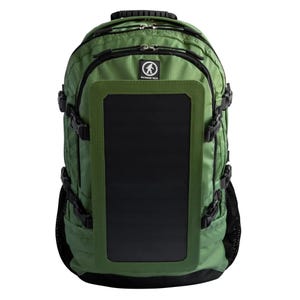 A green backpack equipped with a solar panel on the front, featuring multiple compartments and adjustable side straps suitable for outdoor use.