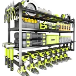 A wall-mounted storage rack holds a variety of tools, including drills, saws, pliers, and hammers, along with containers of liquid and storage cases, all organized with a sleek design.