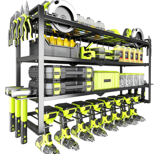 A wall-mounted storage rack holds a variety of tools, including drills, saws, pliers, and hammers, along with containers of liquid and storage cases, all organized with a sleek design.