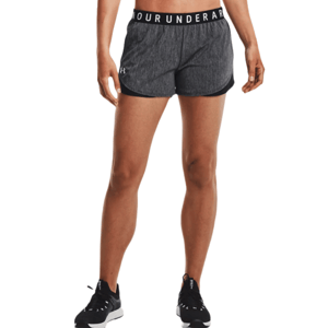 Under Armour Play Up Shorts are dark gray athletic shorts with black trim and an elastic waistband featuring the \“UNDER ARMOUR\“ logo. They offer a comfortable fit, suitable for training and sports activities.
