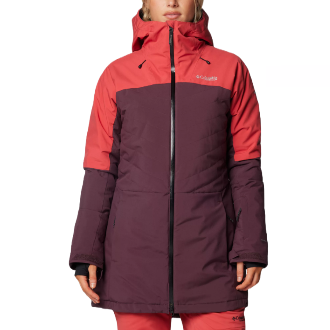 The Columbia Mount Bindo IV Jacket features a two-tone design in dark red and coral, with a full-length zipper, insulated weather-resistant construction, and an adjustable hood, offering warmth and protection for outdoor activities.