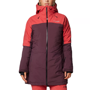 The Columbia Mount Bindo IV Jacket features a two-tone design in dark red and coral, with a full-length zipper, insulated weather-resistant construction, and an adjustable hood, offering warmth and protection for outdoor activities.