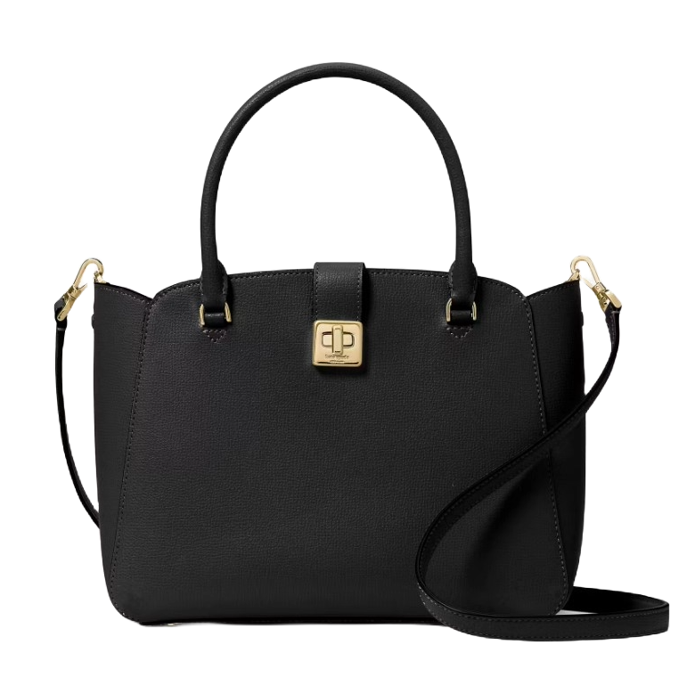 A black Kate Spade Phoebe Medium Satchel featuring dual handles, a detachable shoulder strap, and a gold-tone turn-lock closure on the front. The bag has a structured silhouette and subtle gold hardware accents.