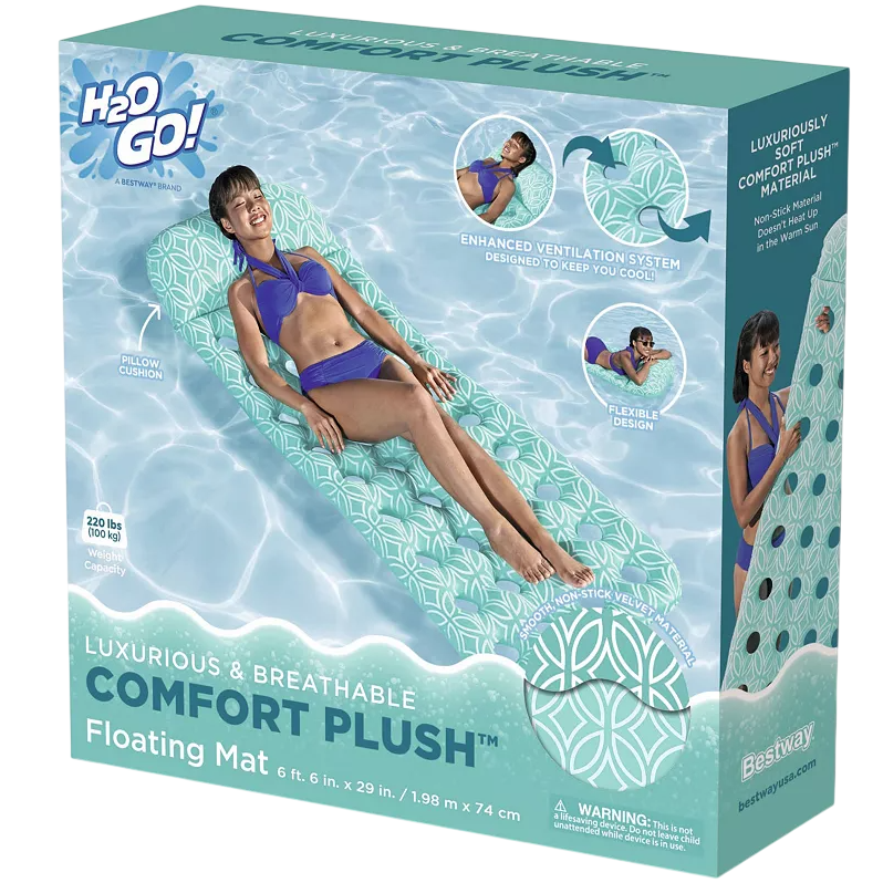 H2O GO! Comfort Plush Floating Mat with enhanced ventilation, flexible design, and pillow cushion. Dimensions: 6'6\“ x 29\“ (1.98 m x 74 cm), weight capacity 220 lbs (100 kg).