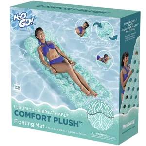 H2O GO! Comfort Plush Floating Mat with enhanced ventilation, flexible design, and pillow cushion. Dimensions: 6'6\“ x 29\“ (1.98 m x 74 cm), weight capacity 220 lbs (100 kg).