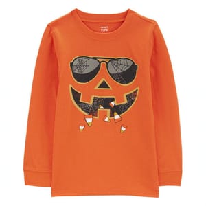 An orange long-sleeved tee featuring a black graphic of a pumpkin wearing sunglasses, designed with a glow-in-the-dark effect.