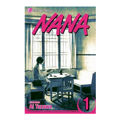Cover of \“Nana\“ Volume 1 by Ai Yazawa, featuring a person sitting at a table in an interior setting. Part of the Shojo Beat Manga series.