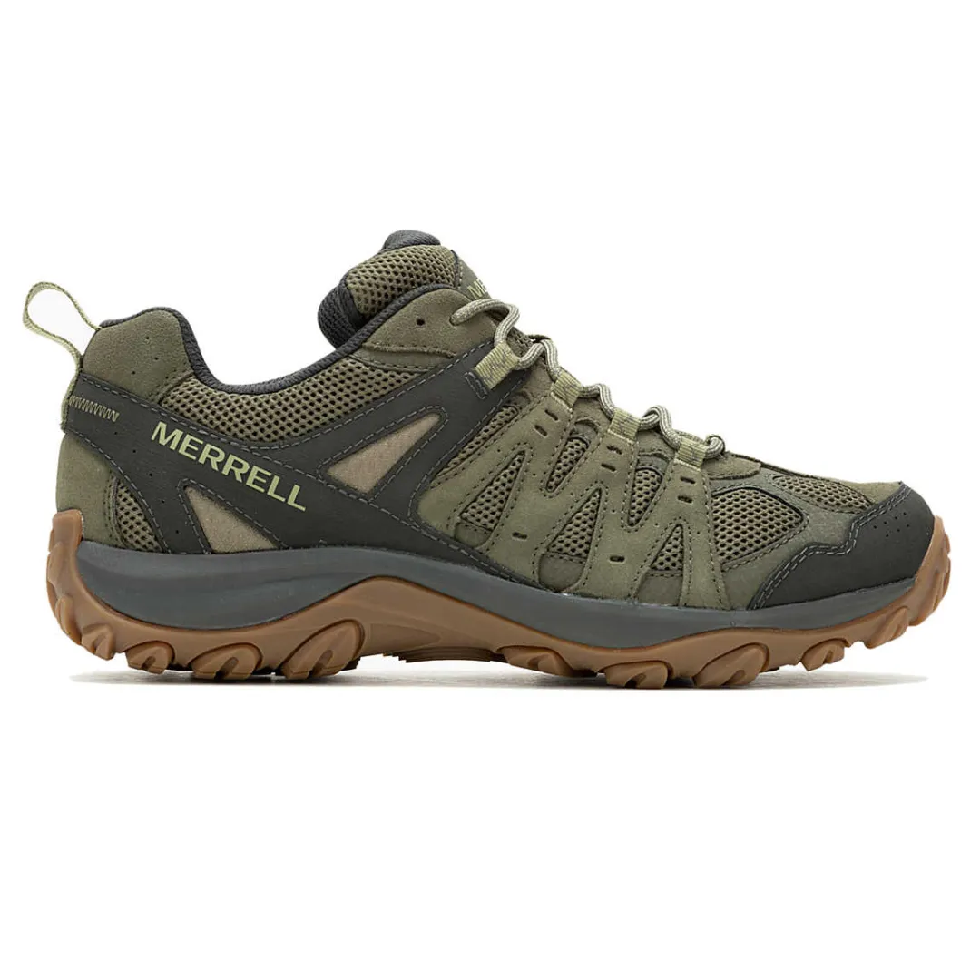 Merrell hiking shoe in olive and black with a rugged, non-slip sole and mesh upper for breathability.