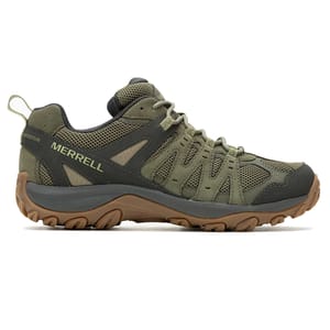 Merrell hiking shoe in olive and black with a rugged, non-slip sole and mesh upper for breathability.