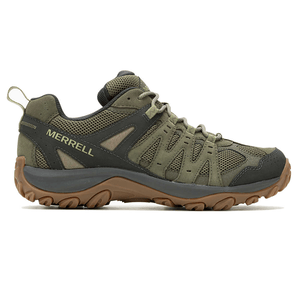 Merrell hiking shoe in olive and black with a rugged, non-slip sole and mesh upper for breathability.